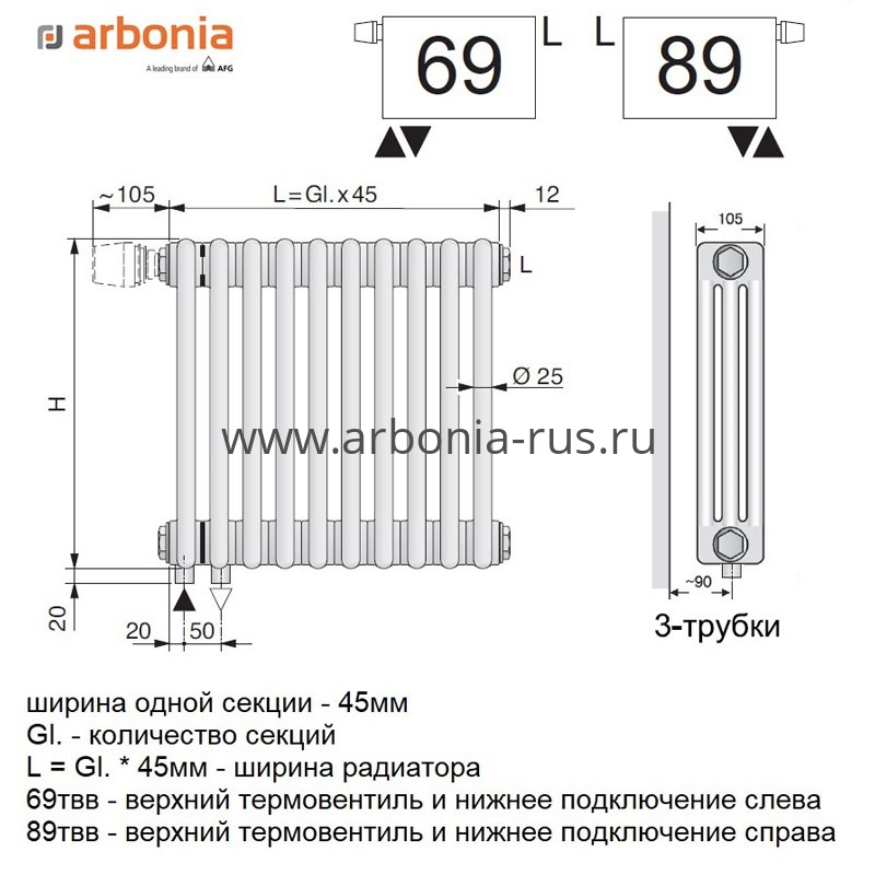 Трубчатый радитор Arbonia 3057/28 N69 твв RAL 9001 —   .