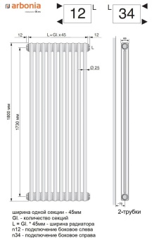Вертикальный радиатор Arbonia 2180/08 N12 3/4 SF-3 Anthrazit metallic